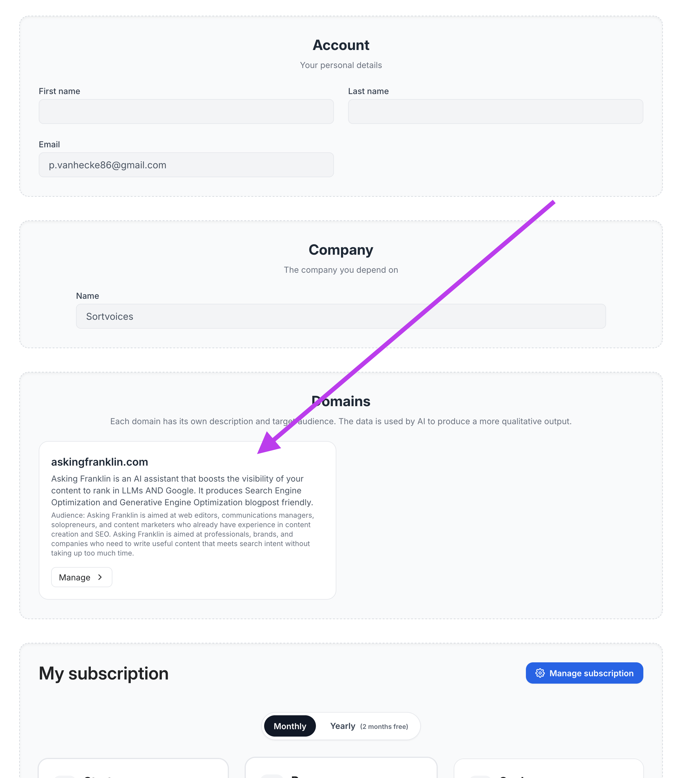Step 4: Go to Asking Franklin settings and click Domain