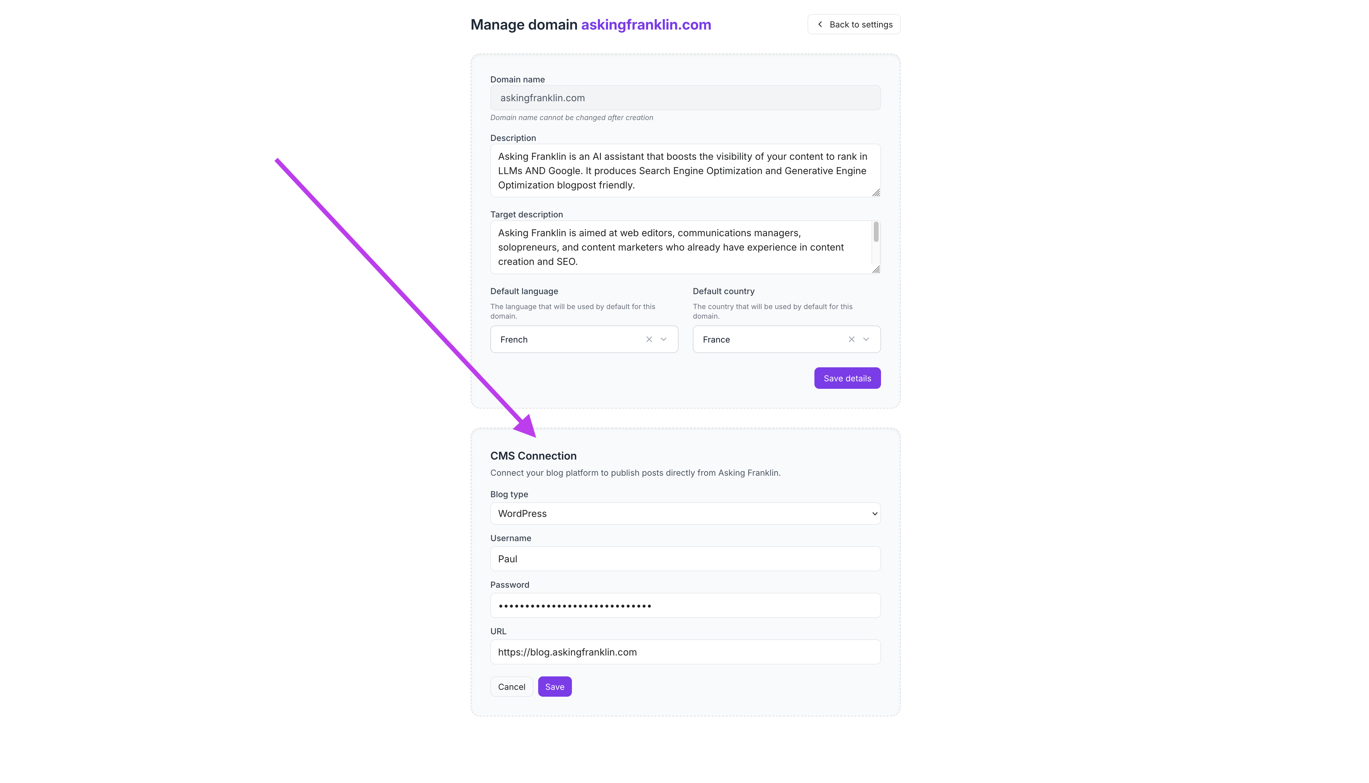 Step 5: Enter WordPress credentials in Asking Franklin