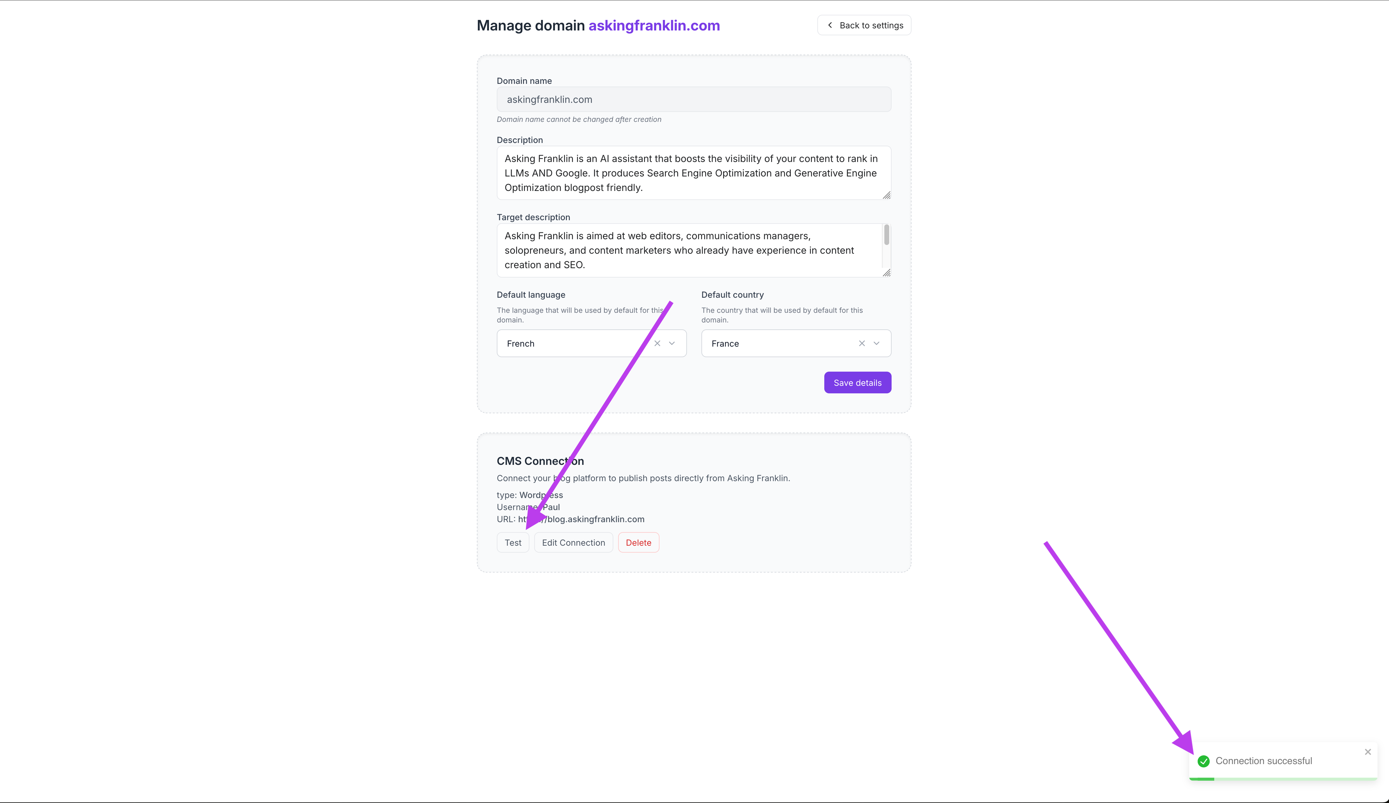 Step 6: Test the WordPress connection